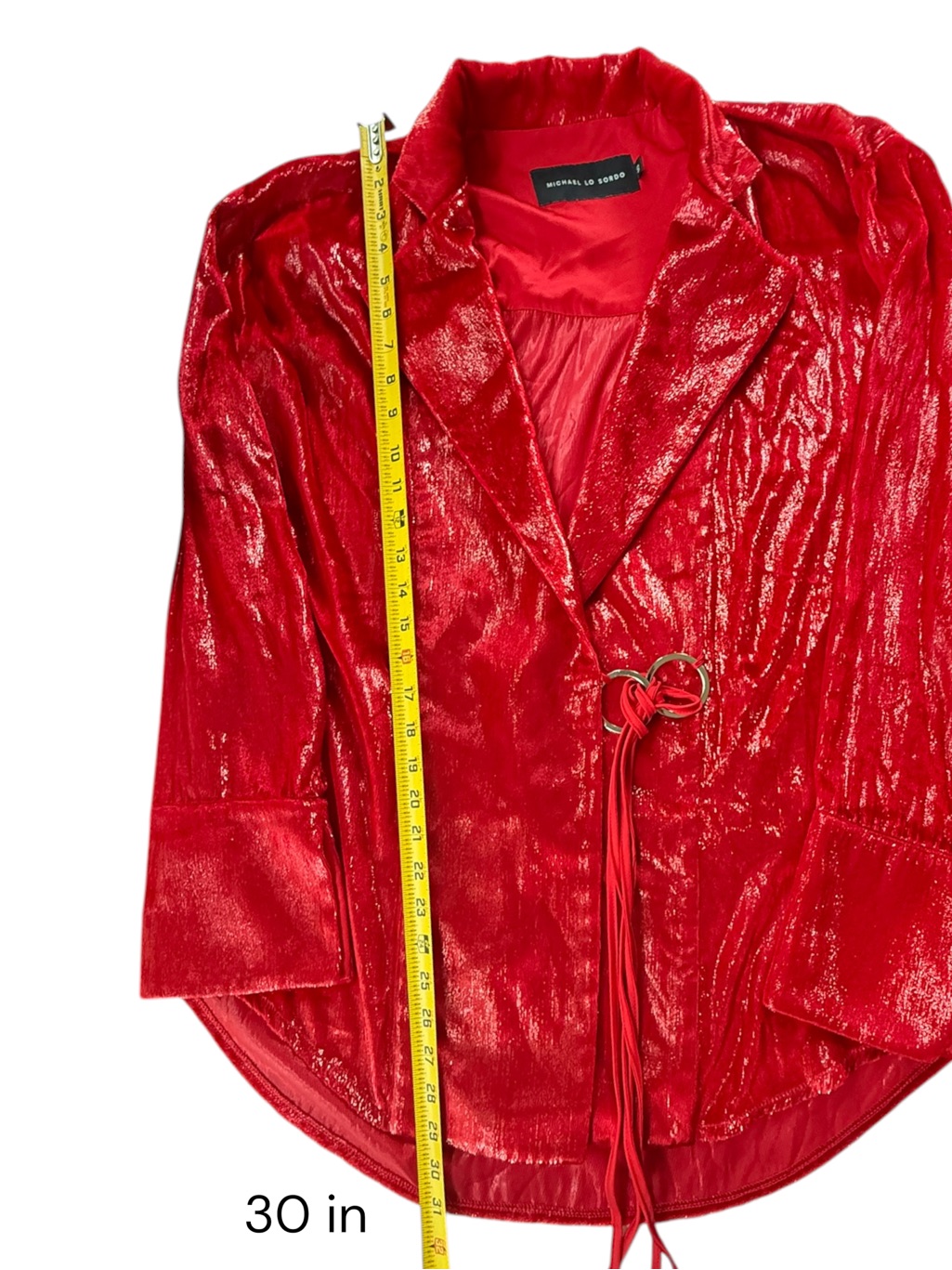 Michael Lo Sordo Women Blazer Size 10 Red Metallic Silk Blend Belted Wrap Top — image 6 of 8